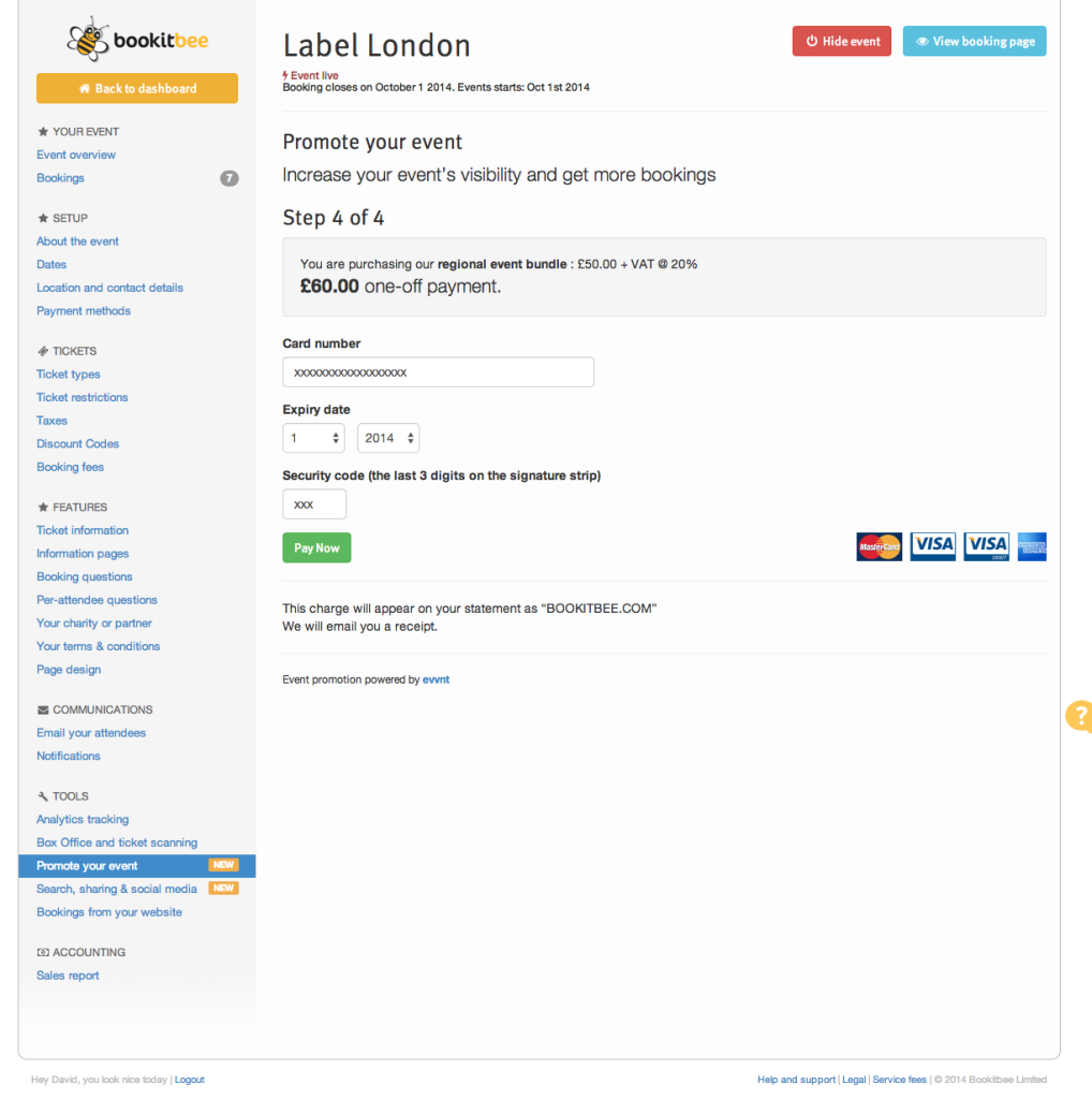Event organizer dashboard  Label London  payment